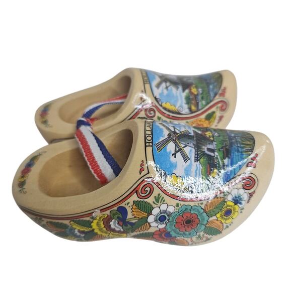 Holland Wooden Clogs Klompen 4" Mini  Shoes Small Windmill scene floral design - Picture 2 of 6
